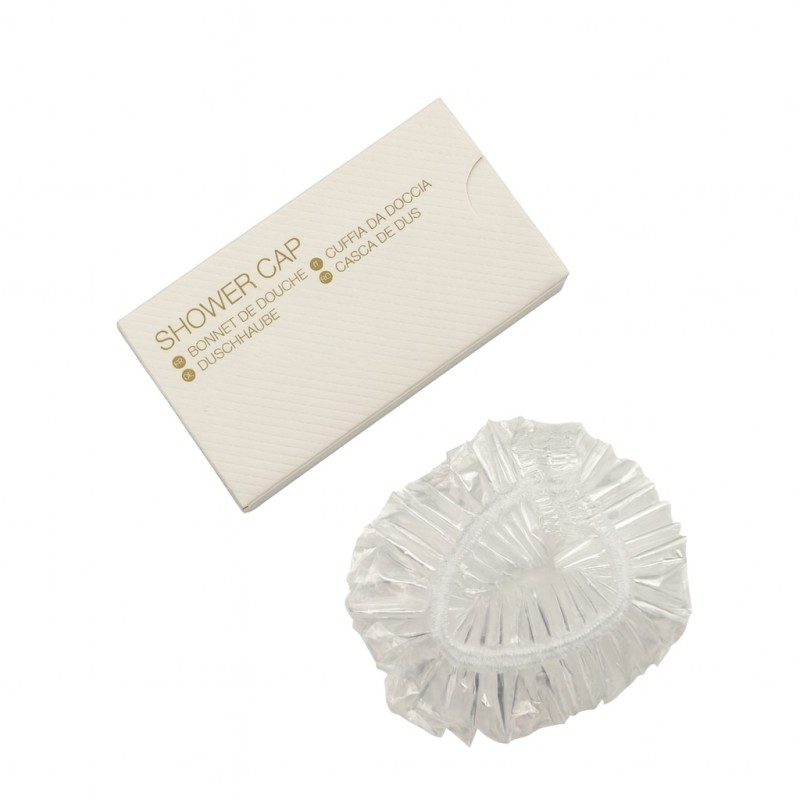 Shower cap in embossed cardboard box