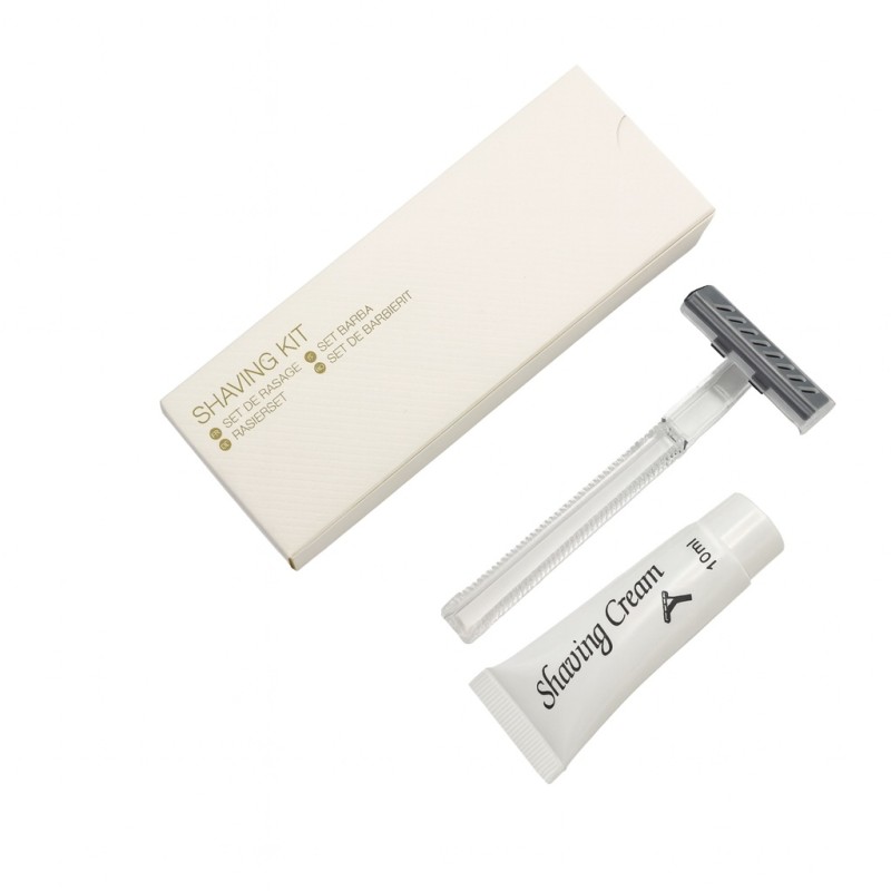 Shaving set in embossed cardboard box