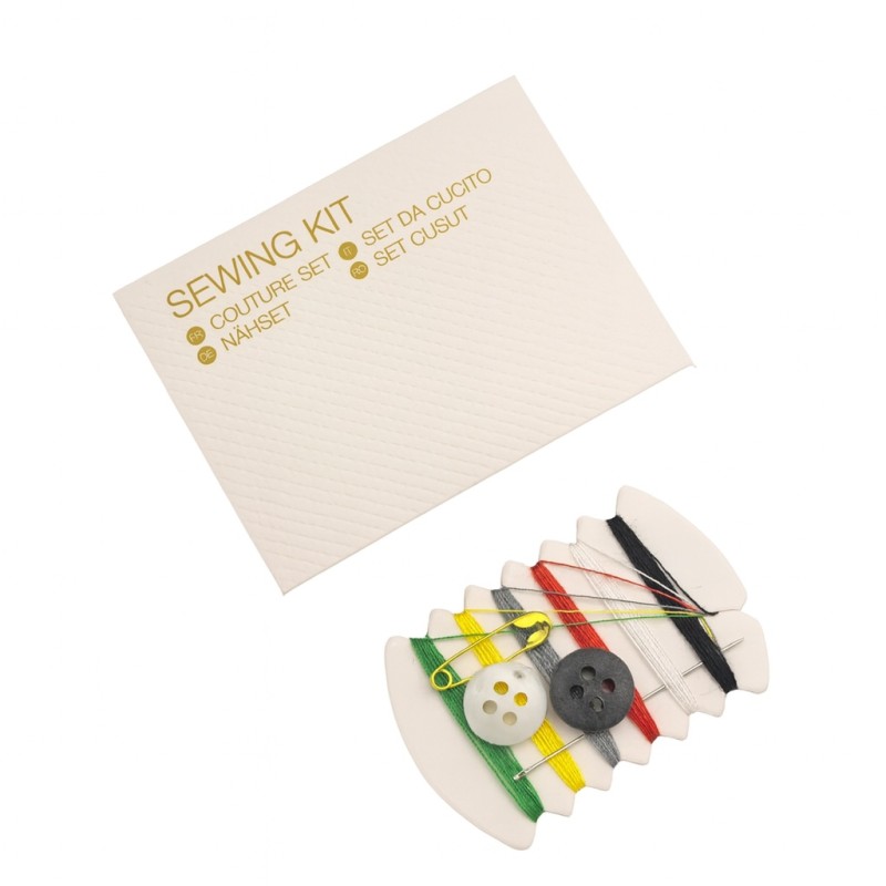 Sewing kit in embossed cardboard box