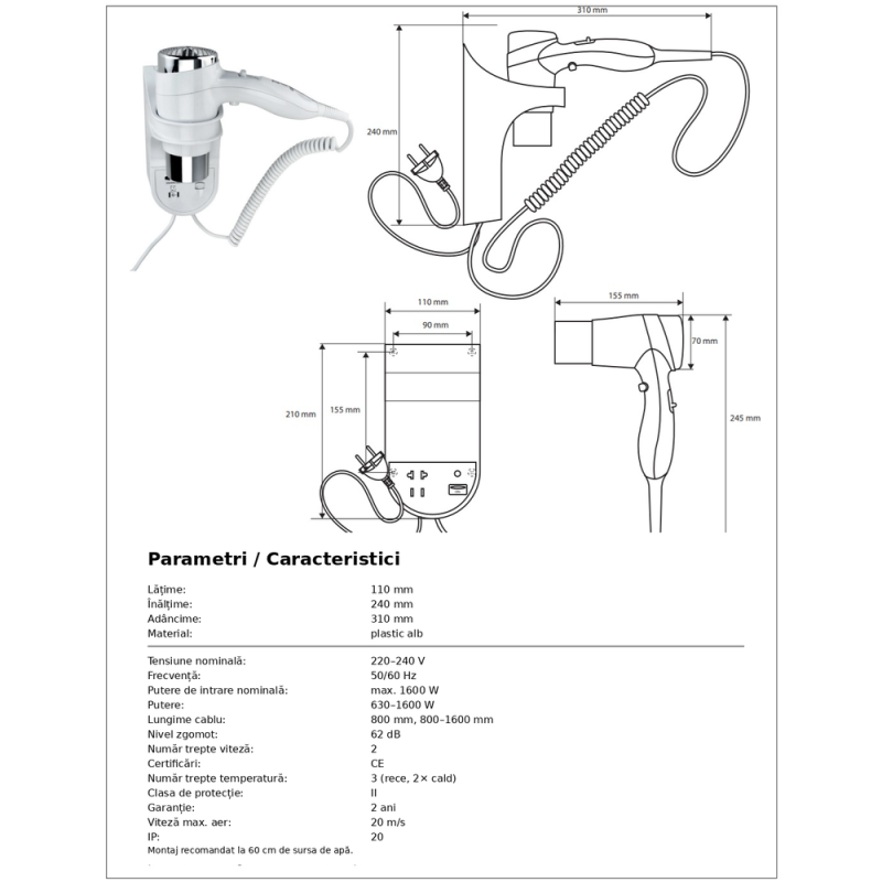 Bemeta Hair Dryer, 1600W, shaver, chrome finish